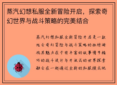 蒸汽幻想私服全新冒险开启，探索奇幻世界与战斗策略的完美结合